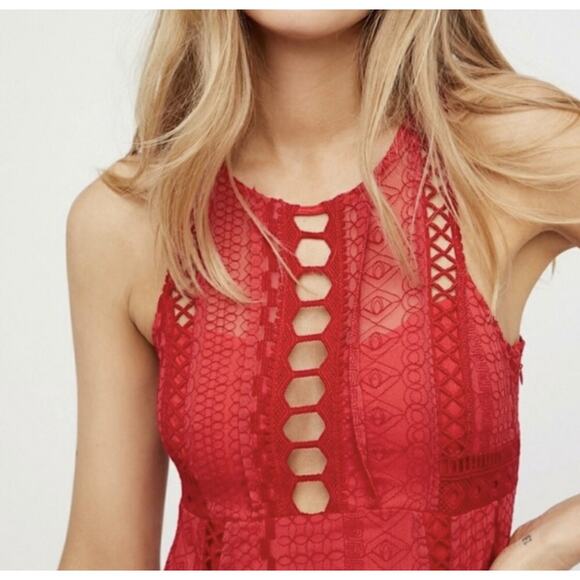 Free People Sundress WMNS 8 Red Lace Keyhole Cutout Mini Sleeveless Vintage Boho - Picture 11 of 13